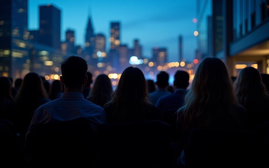 Canary Wharf silent cinema audience with skyscrapers in background