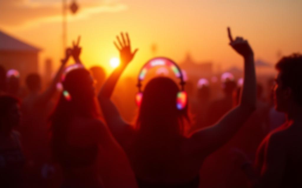Festival goers dancing with illuminated headphones past sunset