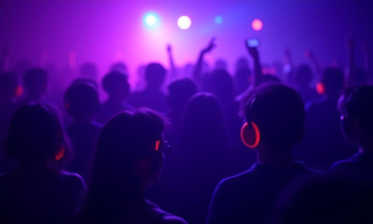 Crowd enjoying a silent disco under violet and blue lights