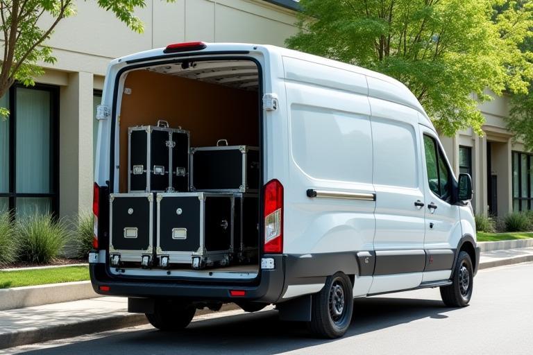 Electric delivery van loaded with flight cases