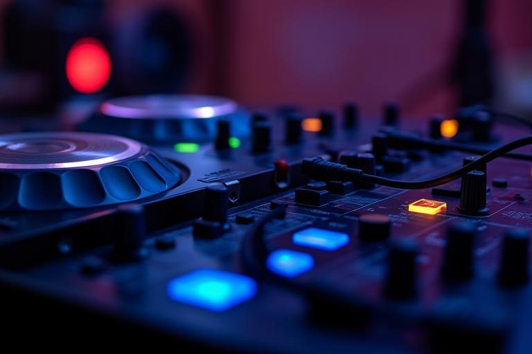 DJ mixer connected to silent disco transmitter