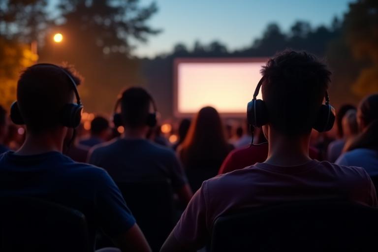 Outdoor silent cinema audience with headphones
