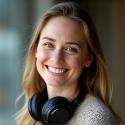 Ella Thompson smiling with headphones