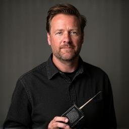 Owen McGlynn holding transmitter